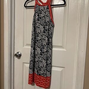Navy and orange sleeveless summer dress with built in bra